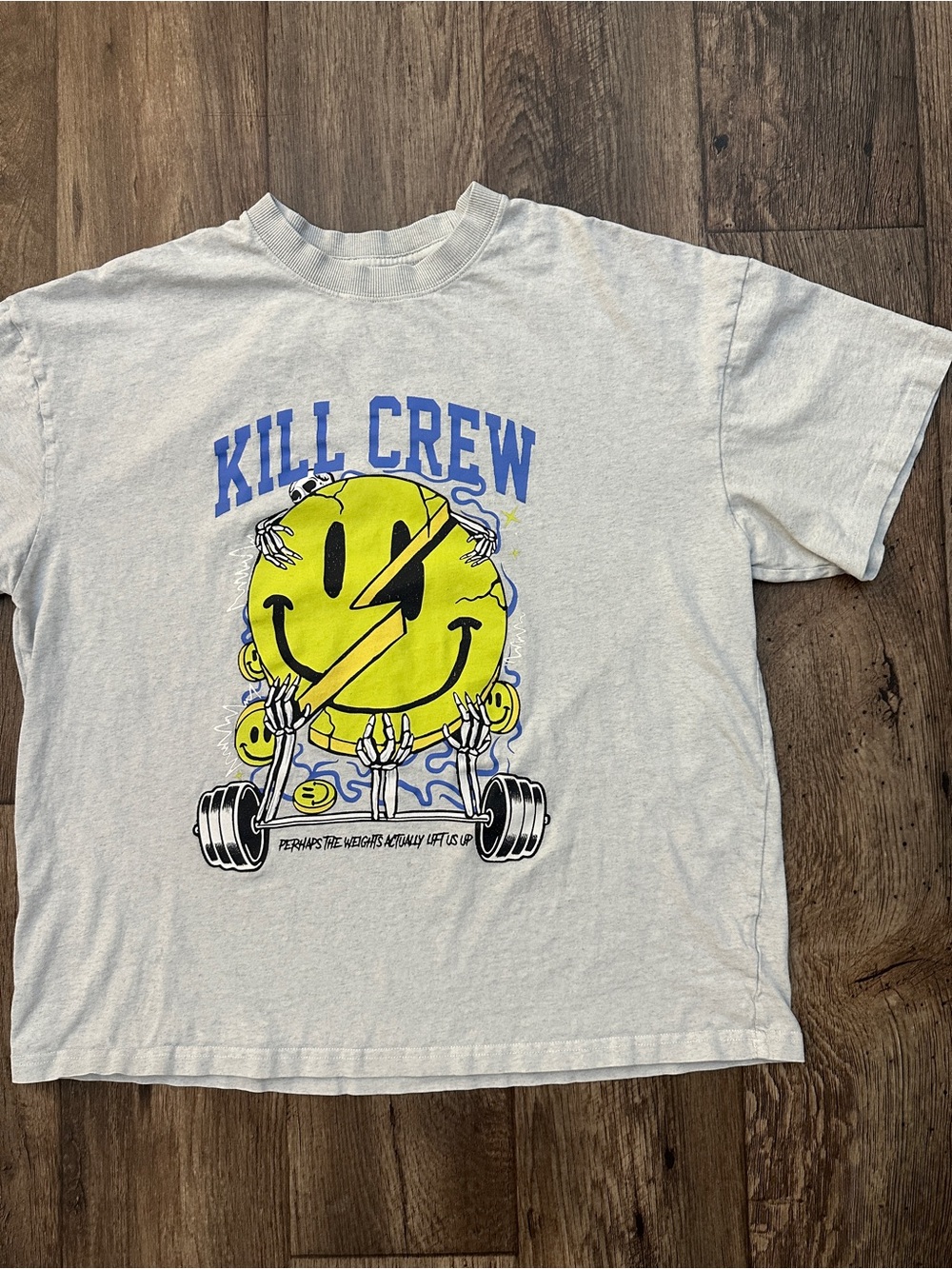 Kill Crew Weights Lift Us Up 100% Cotton Oversized Cropped T-Shirt Size S Gray